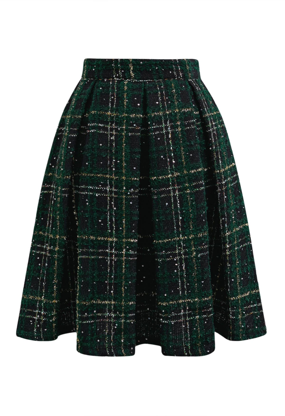 Falda de tweed plisada de cintura alta con cuadros escoceses brillantes en verde oscuro