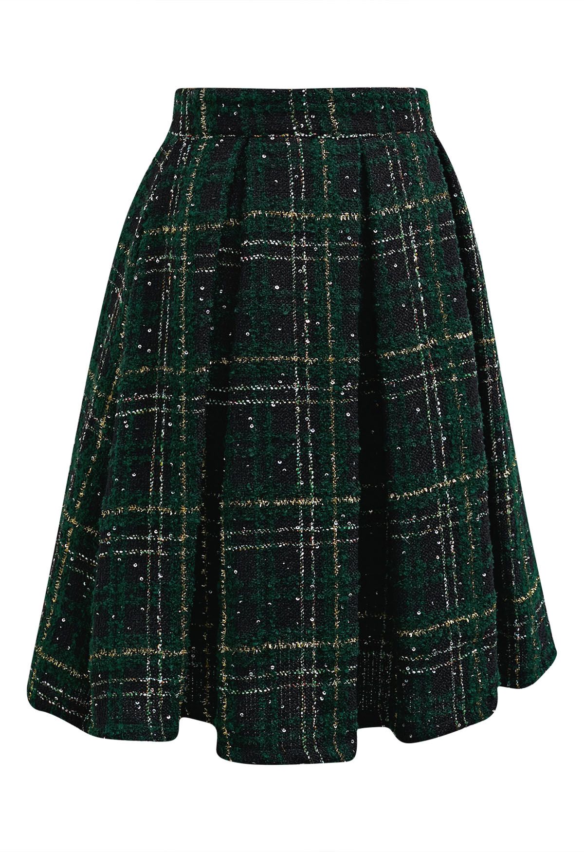 Falda de tweed plisada de cintura alta con cuadros escoceses brillantes en verde oscuro