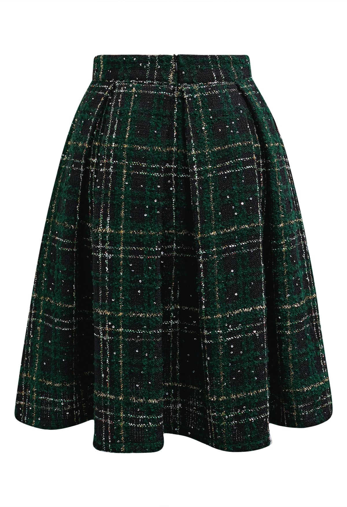 Falda de tweed plisada de cintura alta con cuadros escoceses brillantes en verde oscuro