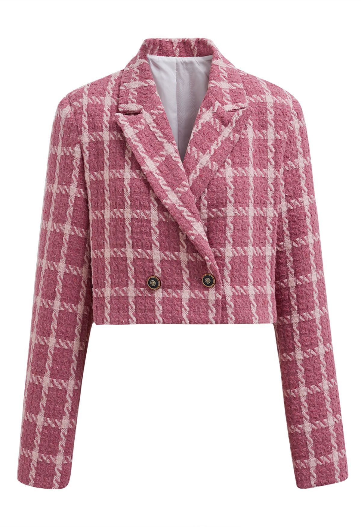 Blazer corto de tweed a cuadros con hombros acolchados en rosa