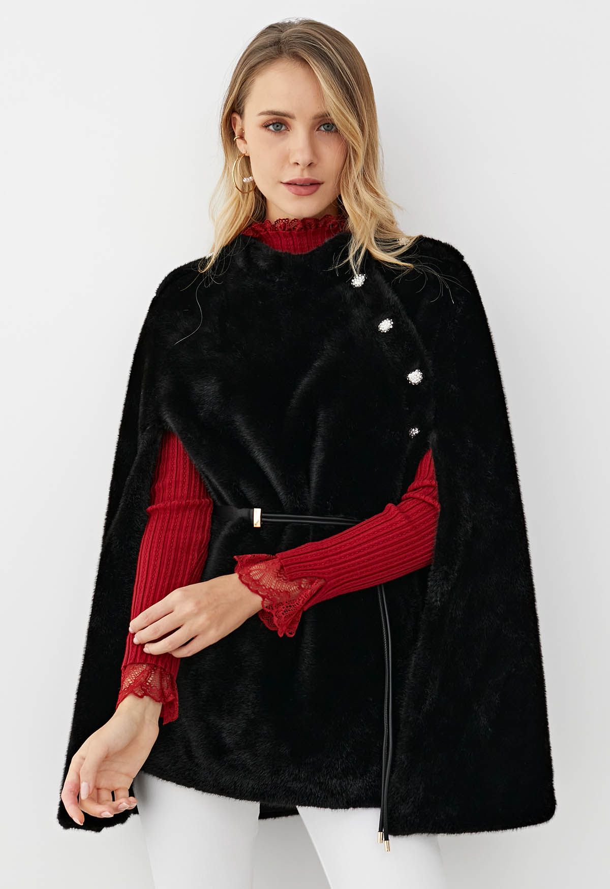 Rhinestone Button Wrap Faux Fur Cape Coat in Black