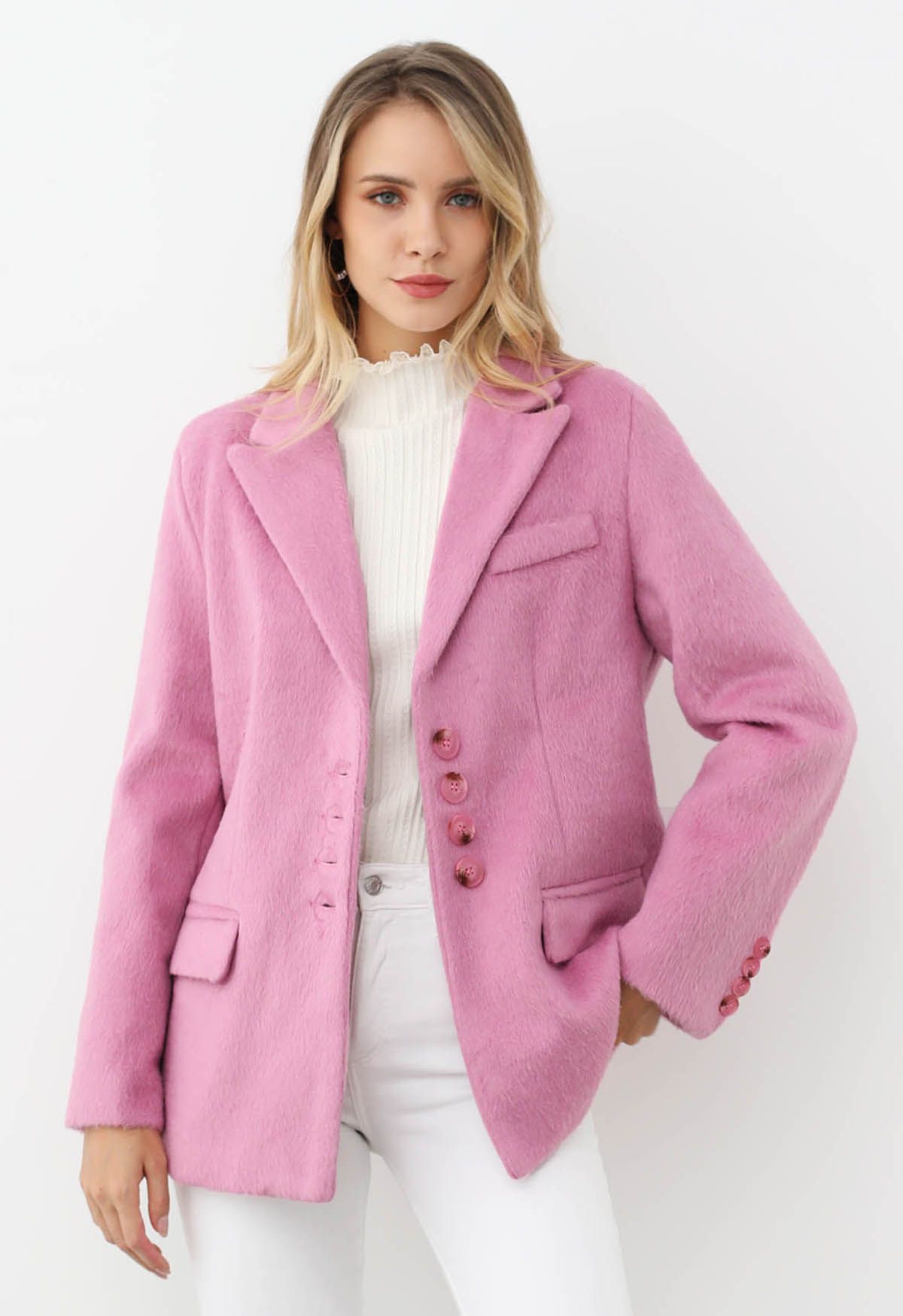 Abrigo tipo blazer de piel sintética con botones y solapas de pico en color rosa caramelo