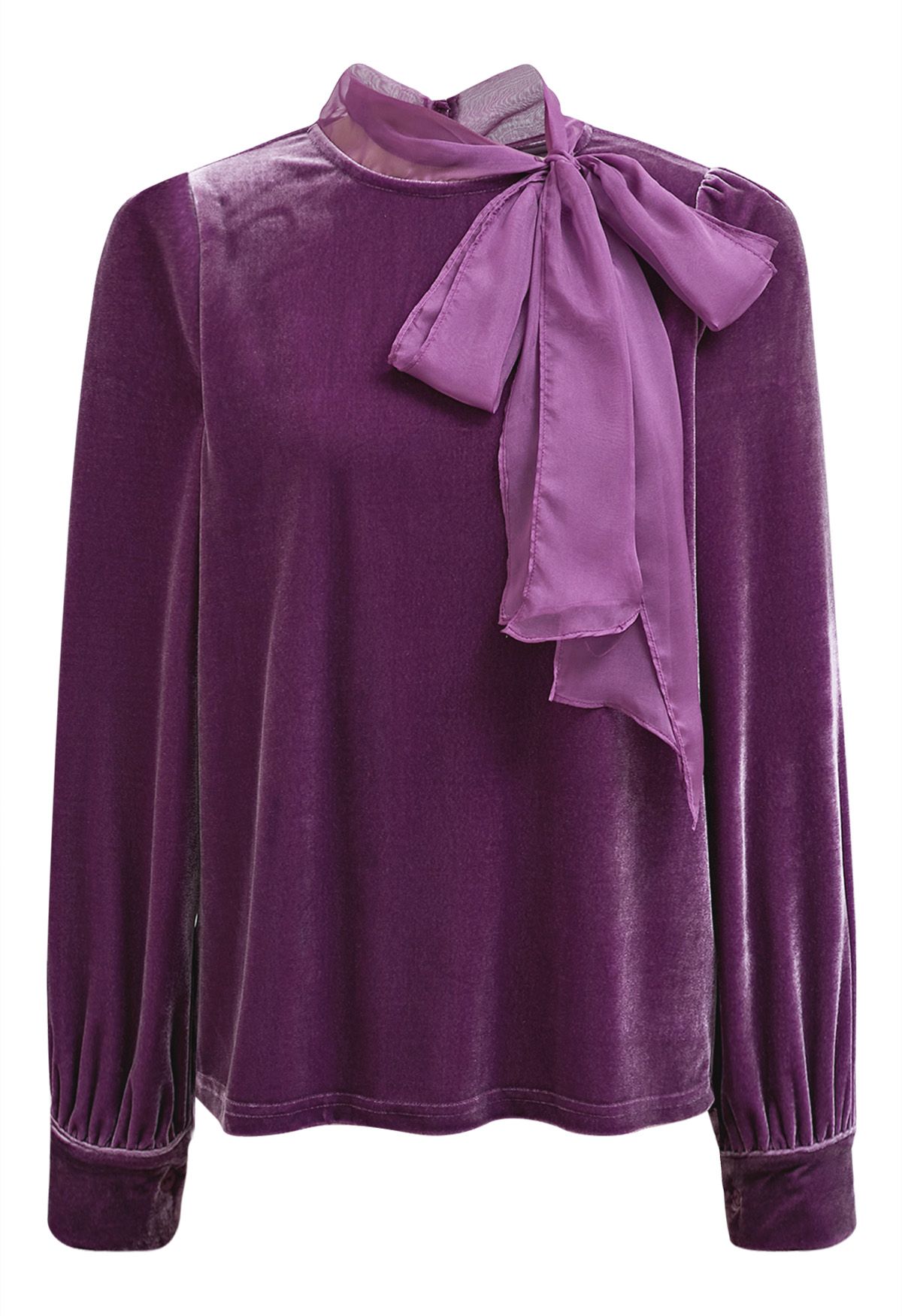 Blusa de organza con lazo y terciopelo en color violeta