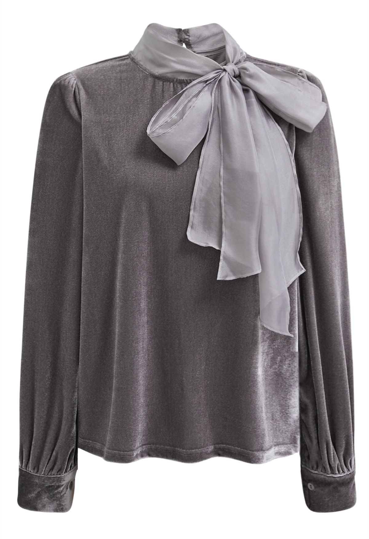 Blusa de organza con lazo y terciopelo en gris