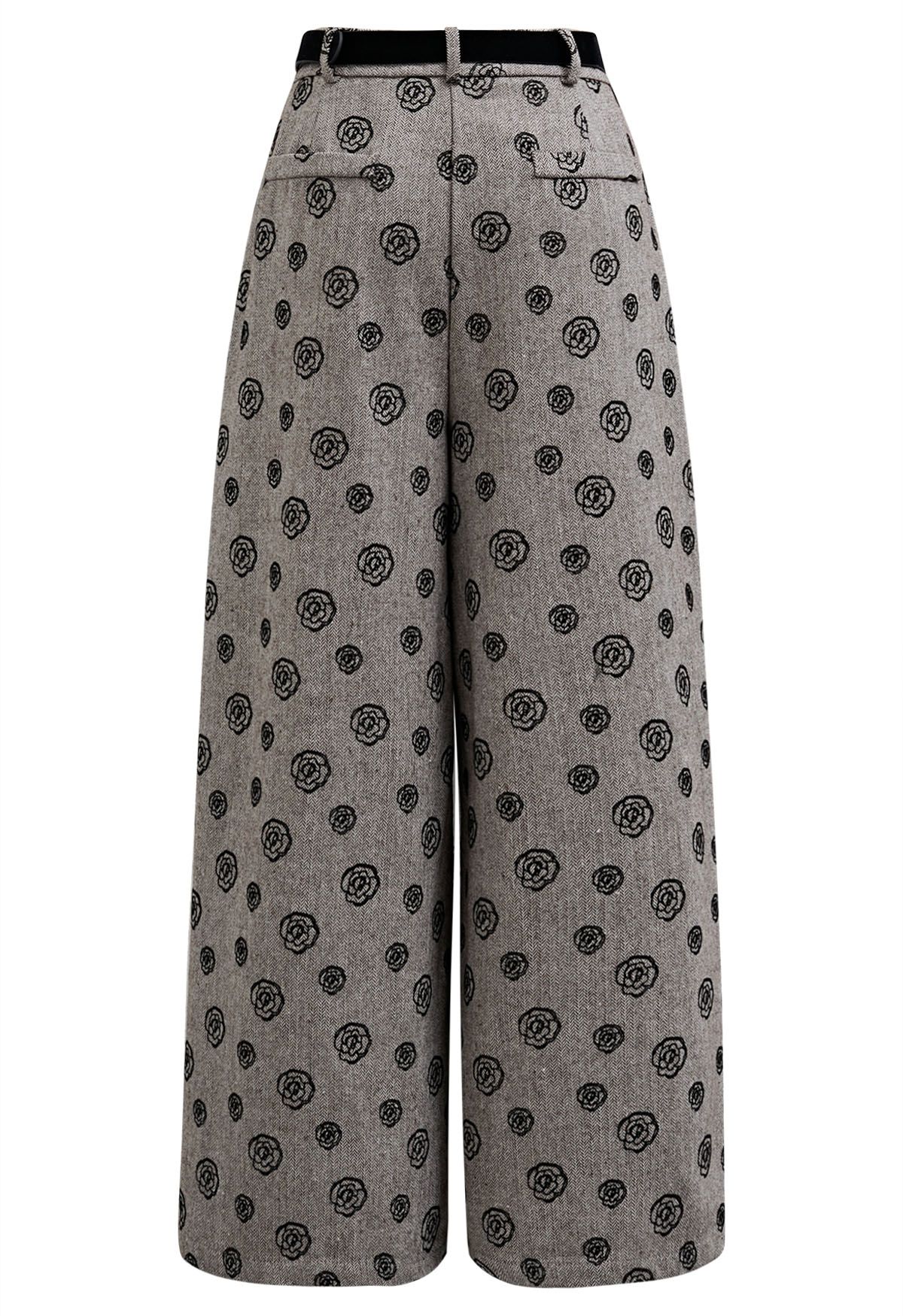 Pantalones palazzo con estampado de rosas de terciopelo y espiga con cinturón en color caqui