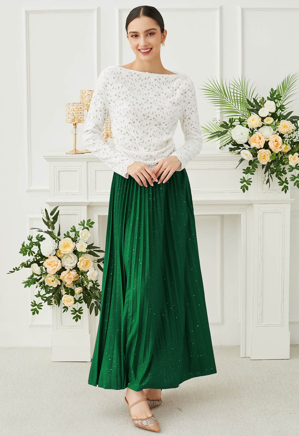 Falda larga plisada Twinkling Night en color verde