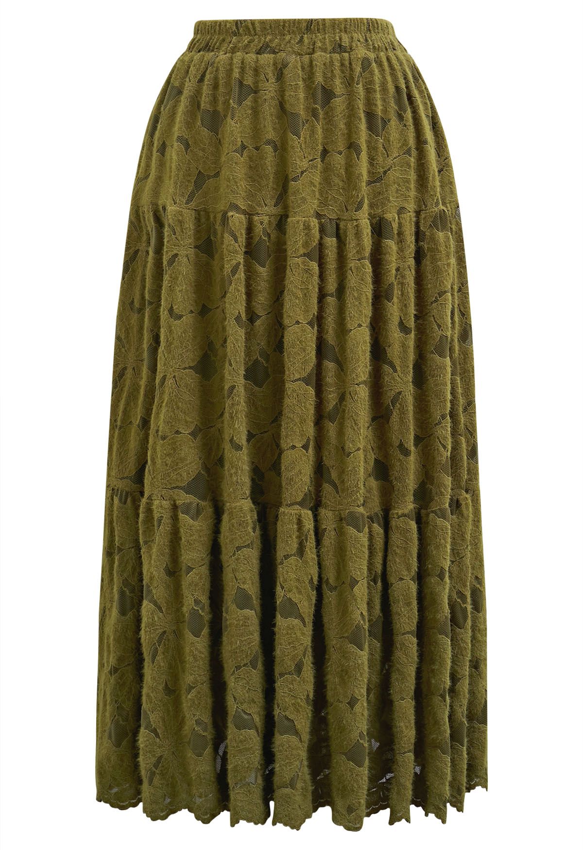 Falda midi de encaje floral difuso en verde musgo