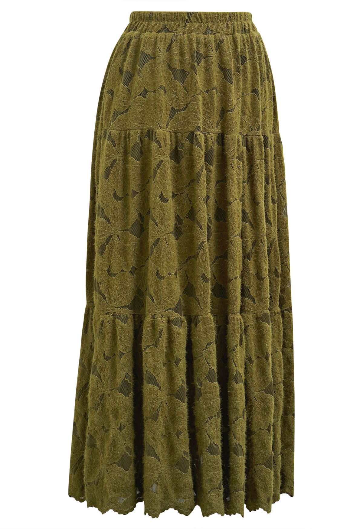 Falda midi de encaje floral difuso en verde musgo