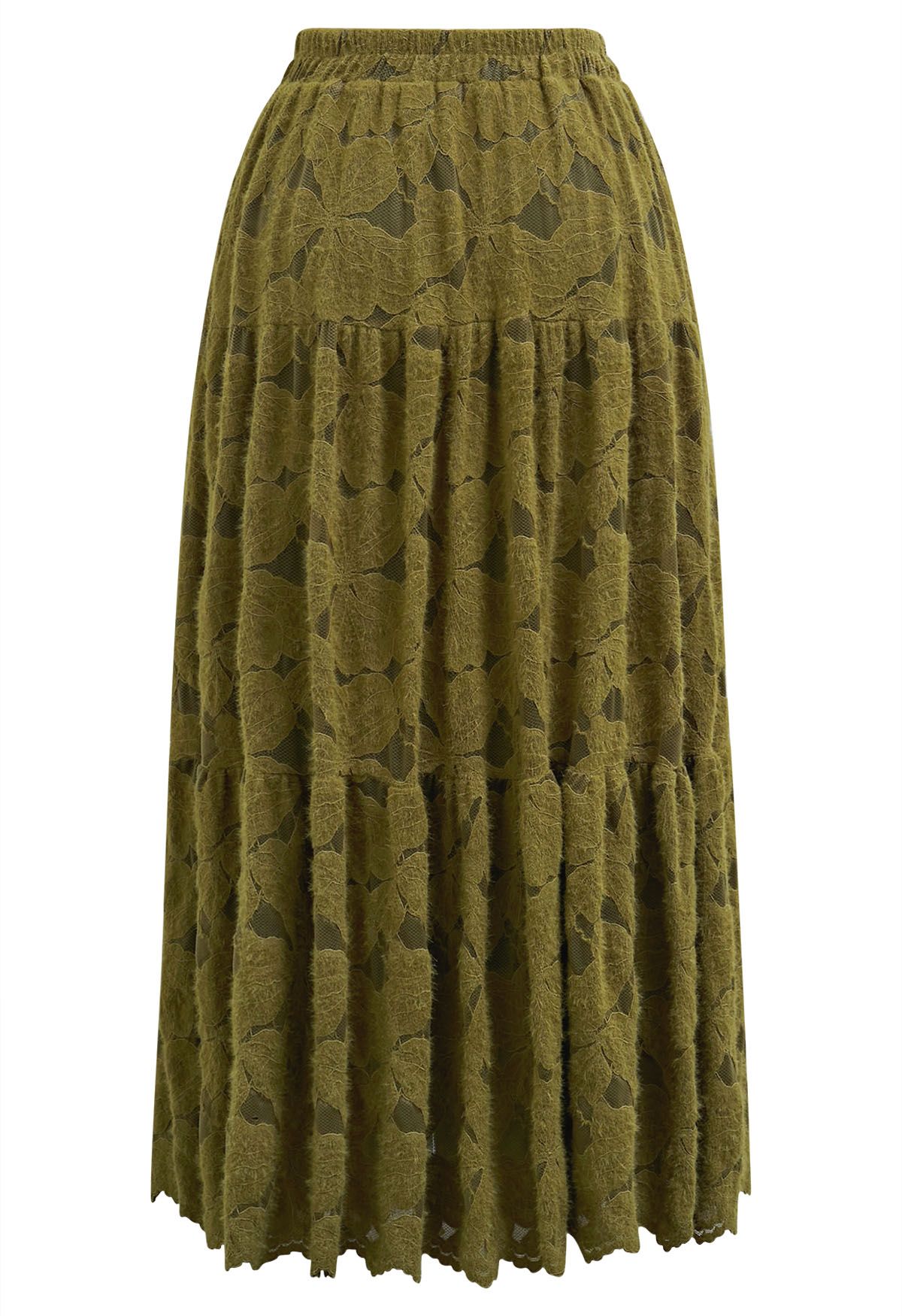 Falda midi de encaje floral difuso en verde musgo