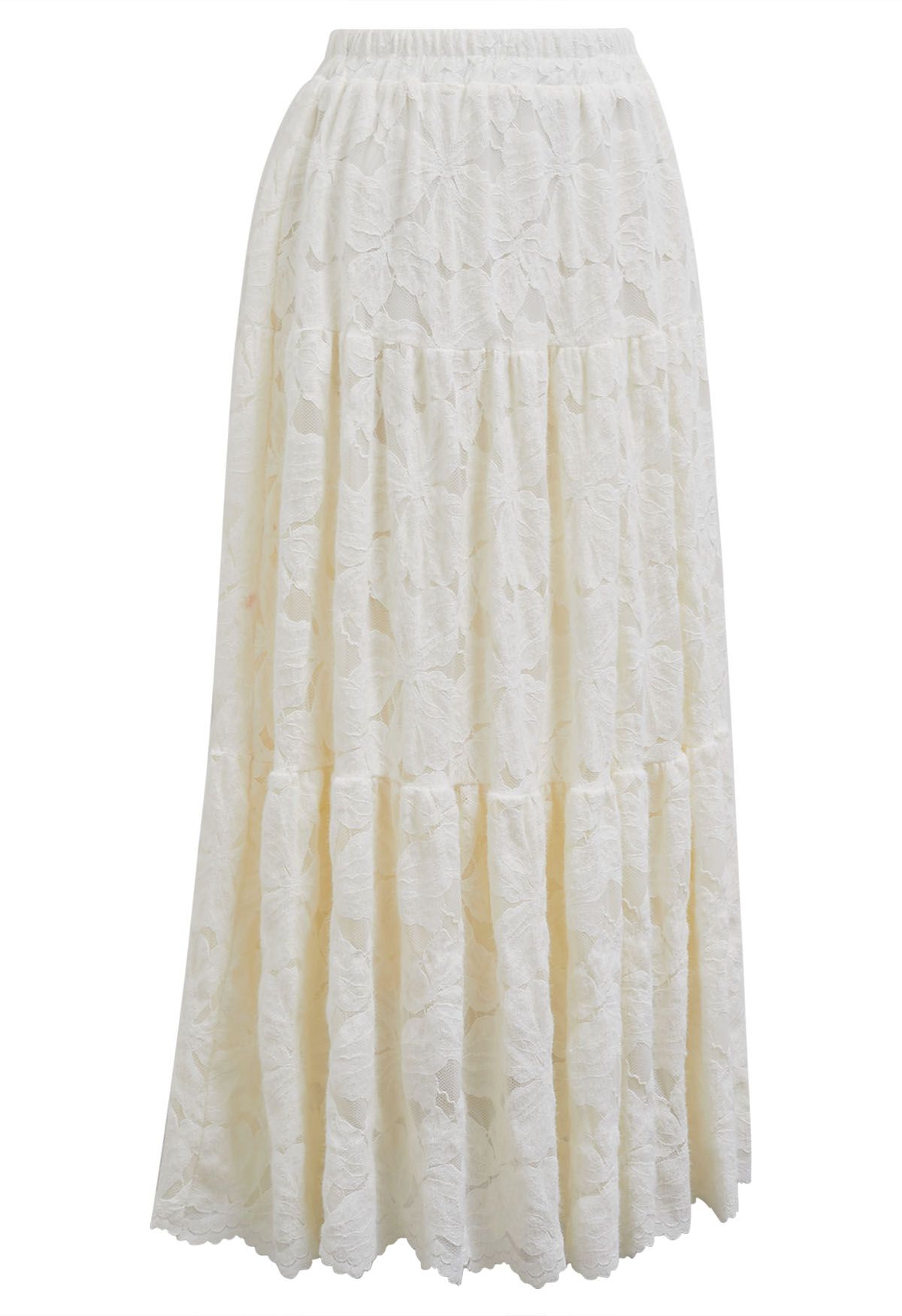 Falda midi de encaje floral difuso en color crema