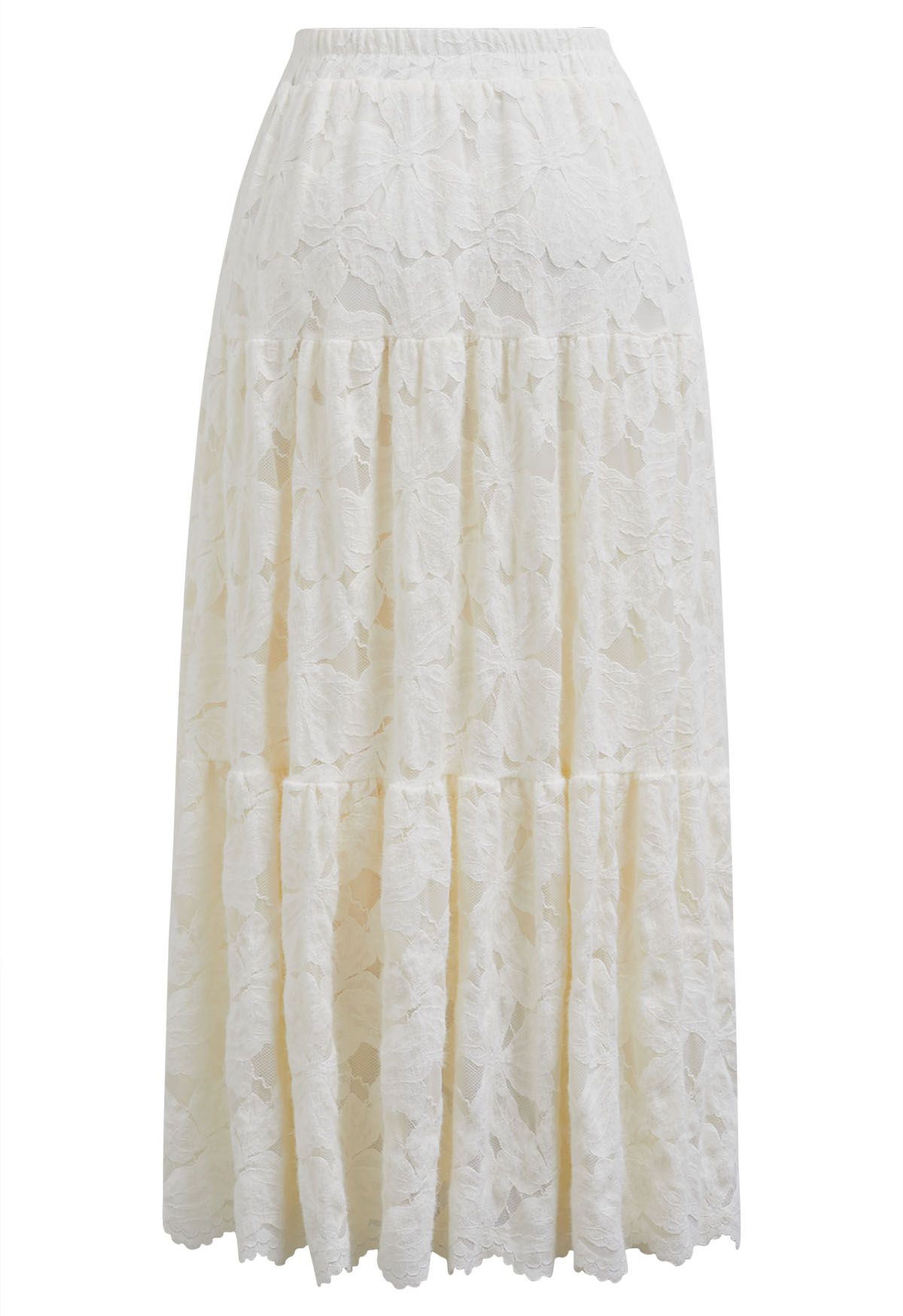 Falda midi de encaje floral difuso en color crema