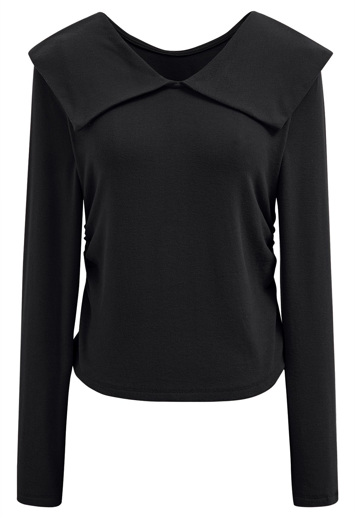 Blusa de manga larga con cuello de solapa y laterales fruncidos en color negro