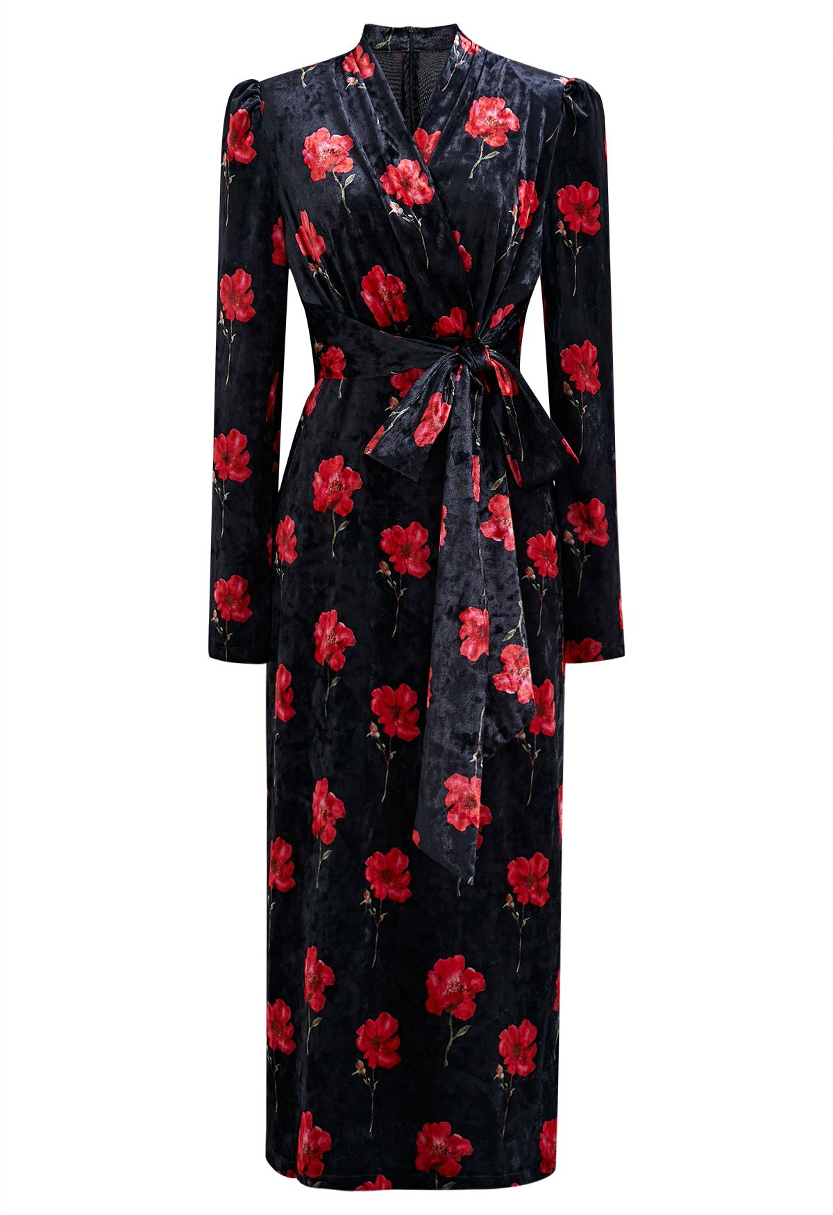 Vestido midi con lazo y estampado floral de terciopelo en negro