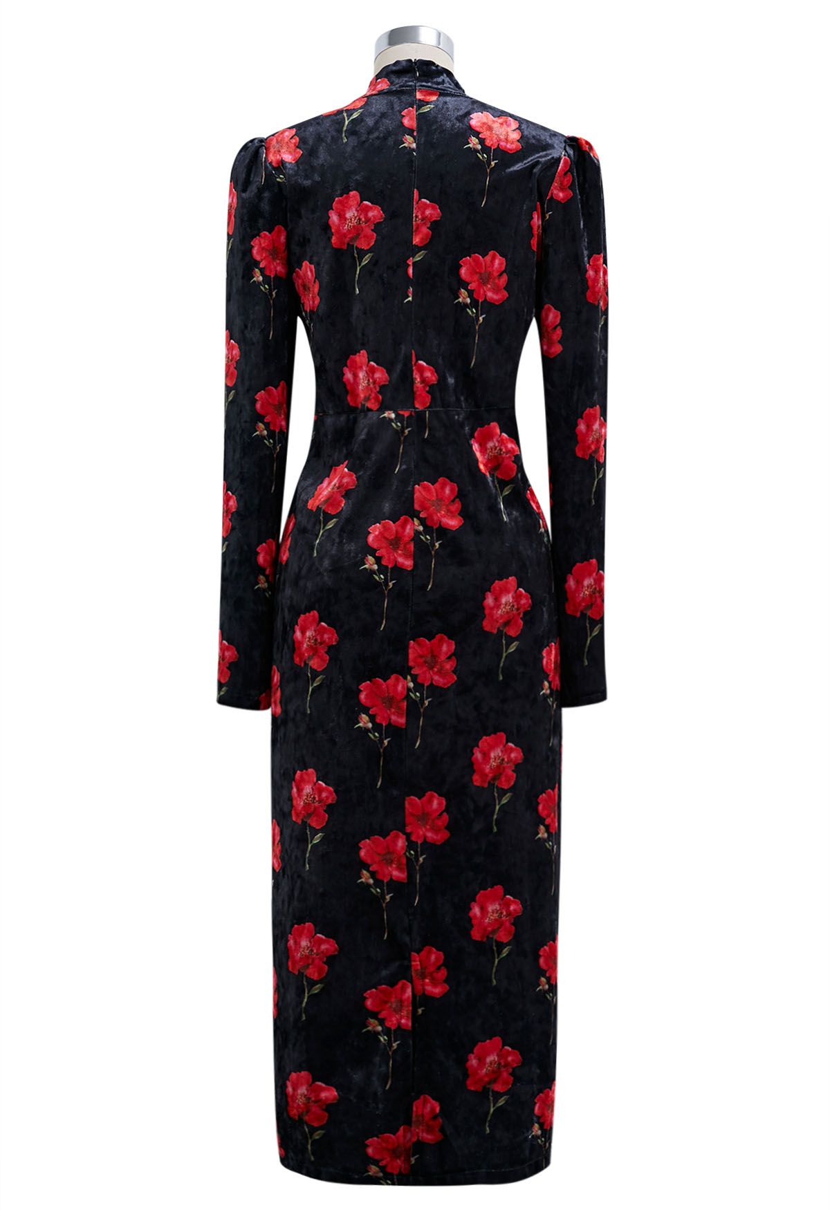 Vestido midi con lazo y estampado floral de terciopelo en negro