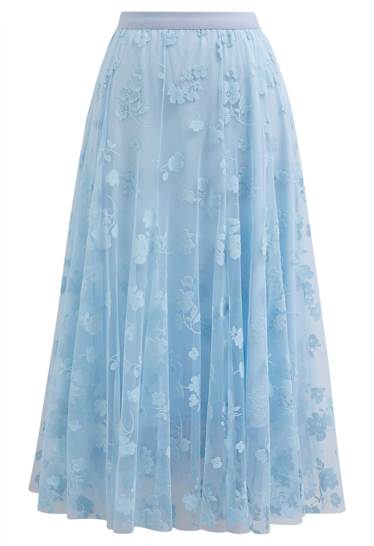 3D Posy Double-Layered Mesh Midi Skirt in Baby Blue