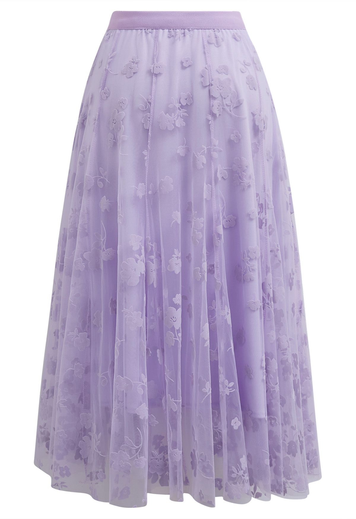 3D Posy Double-Layered Mesh Midi Skirt in Lavender