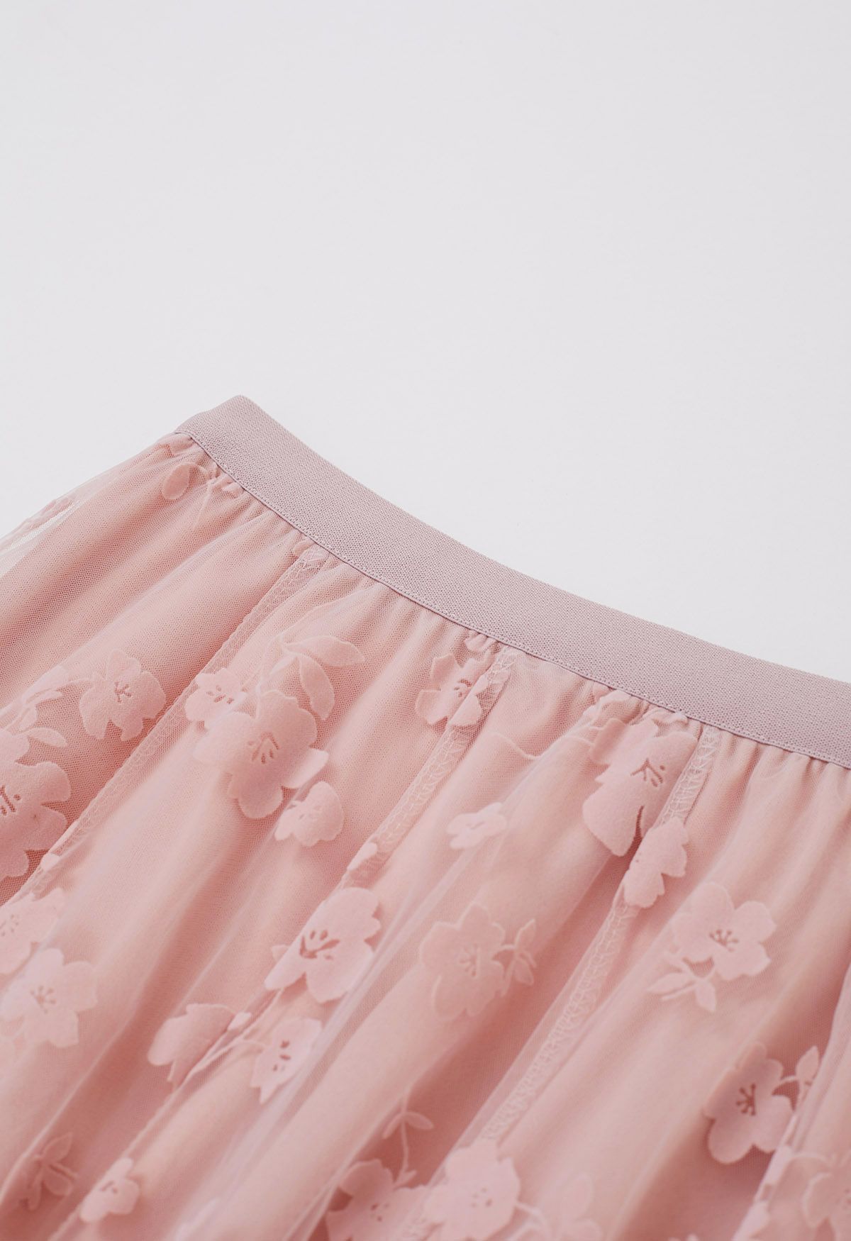 3D Posy Double-Layered Mesh Midi Skirt in Pink