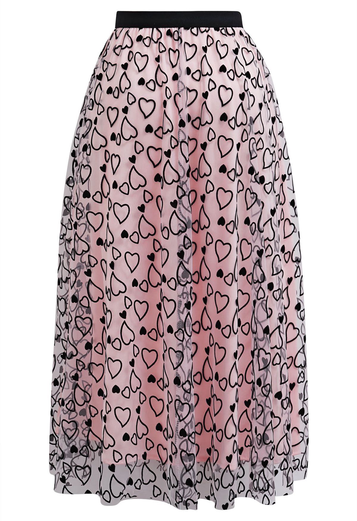 Endearing Velvet Heart Mesh Midi Skirt in Pink