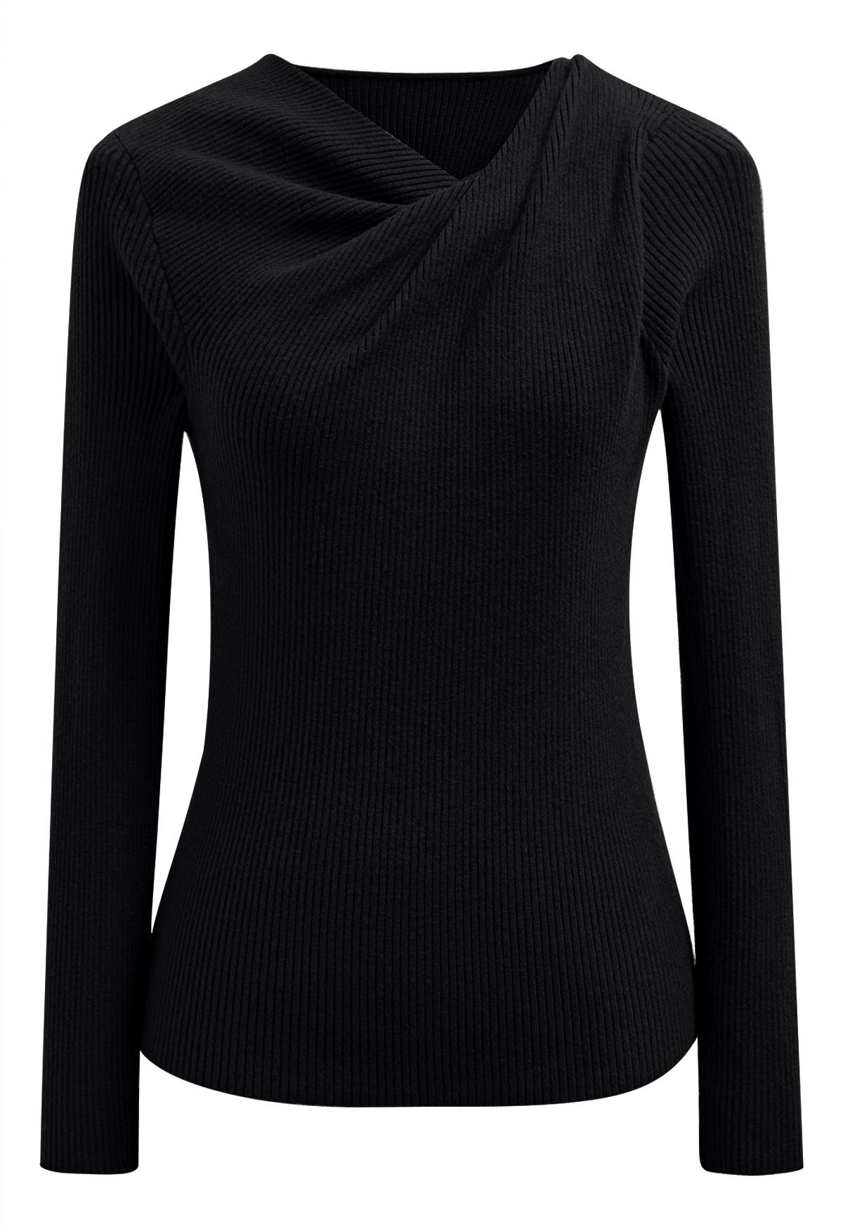 Twist Neckline Ribbed Knit Top in Black