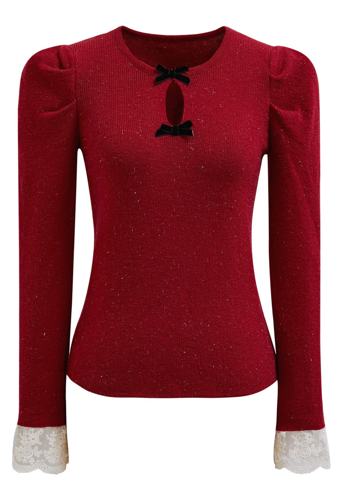 Blusa de punto con puños de encaje y lazo delicado en rojo