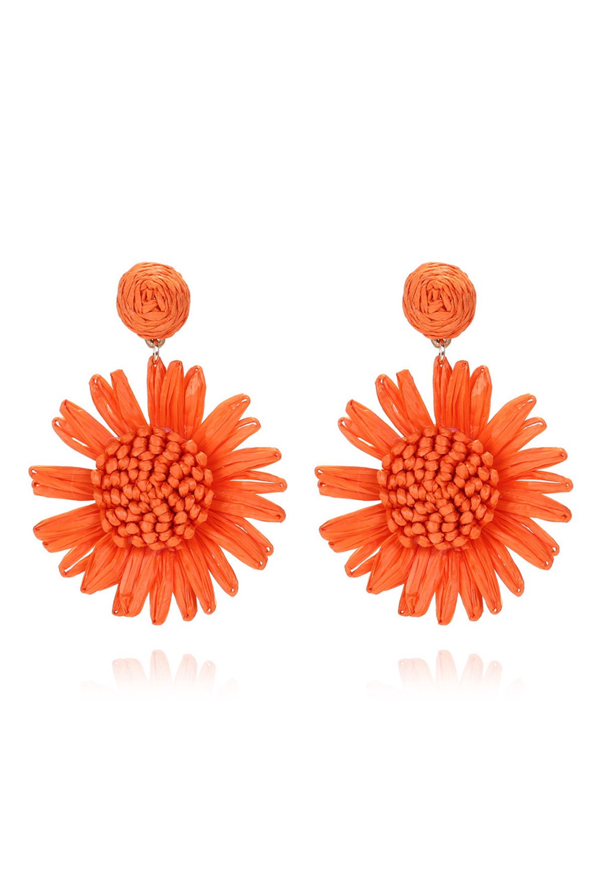 Pendientes de rafia tejidos a mano con girasoles en color naranja