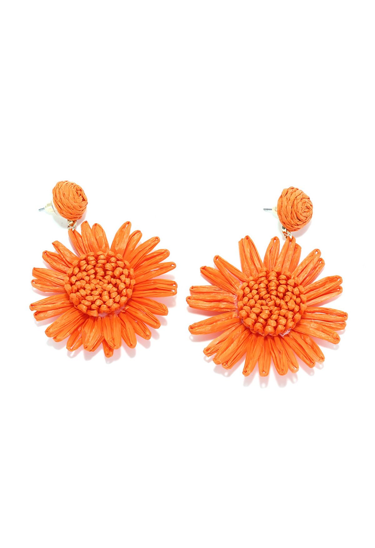 Pendientes de rafia tejidos a mano con girasoles en color naranja