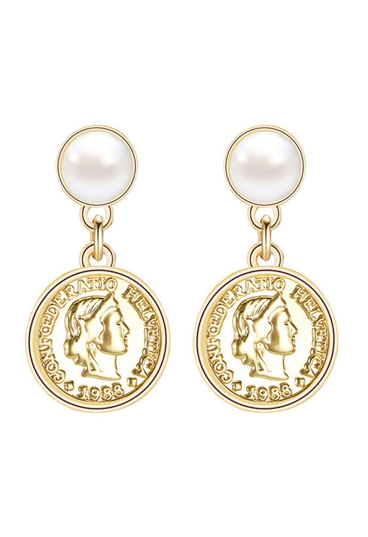 Pendientes colgantes con perla y monedas de oro vintage