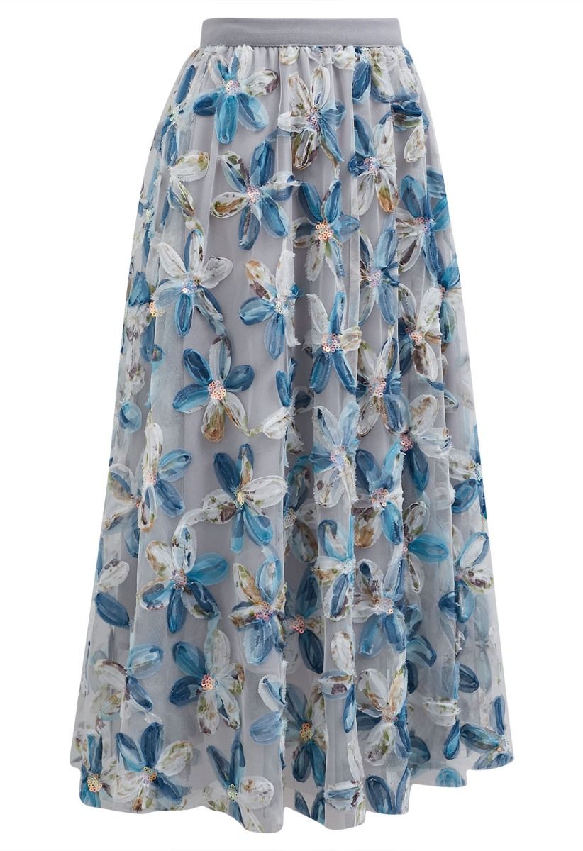 Falda midi de malla de doble capa Petal Symphony en azul