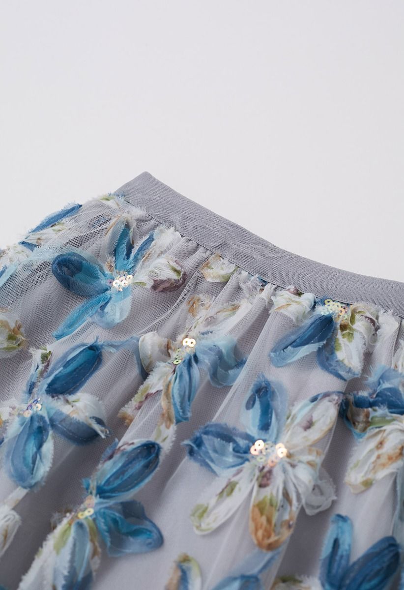 Falda midi de malla de doble capa Petal Symphony en azul