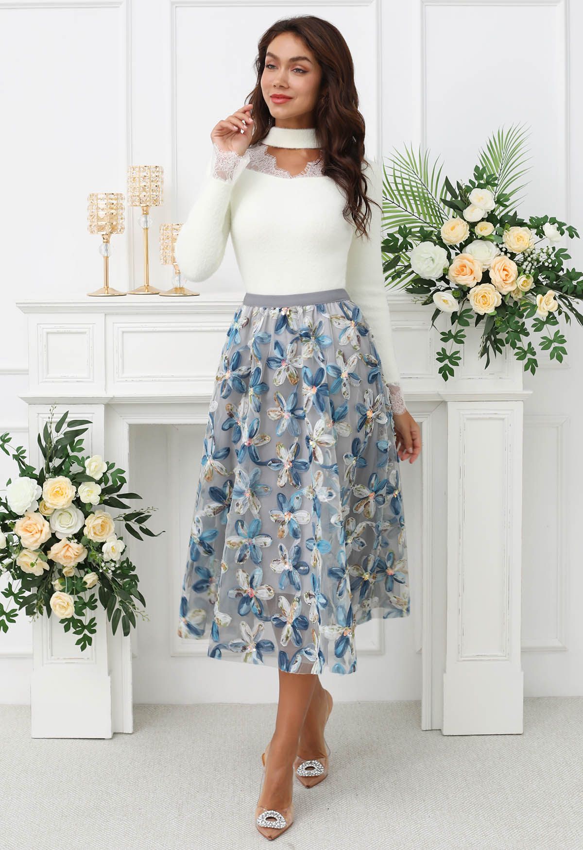 Falda midi de malla de doble capa Petal Symphony en azul