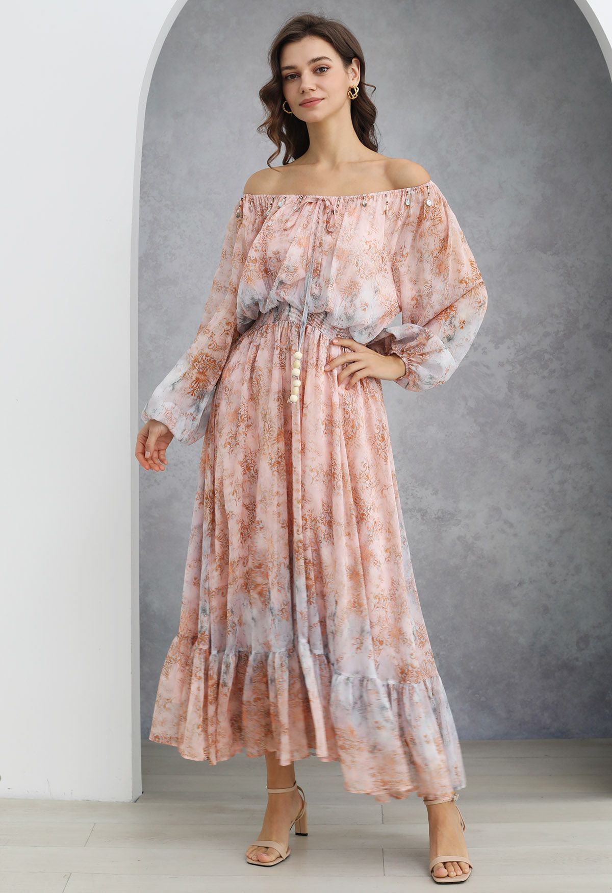 Vintage Baroque Off-Shoulder Chiffon Maxi Dress in Peach