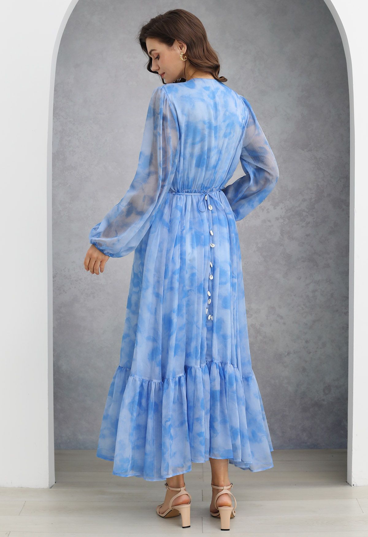 Seashell Beaded Tie-Waist Chiffon Maxi Dress in Blue