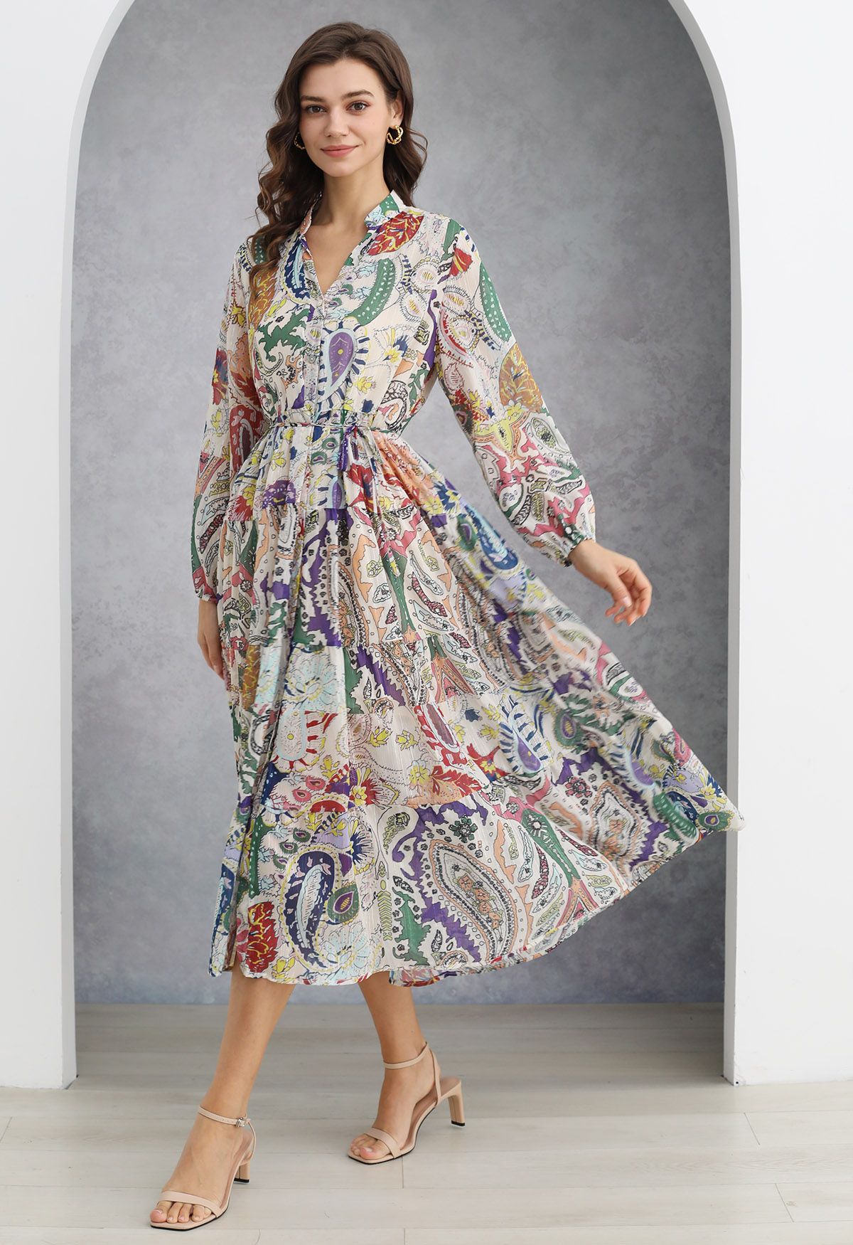 Spring Melody Paisley Metallic Chiffon Midi Dress