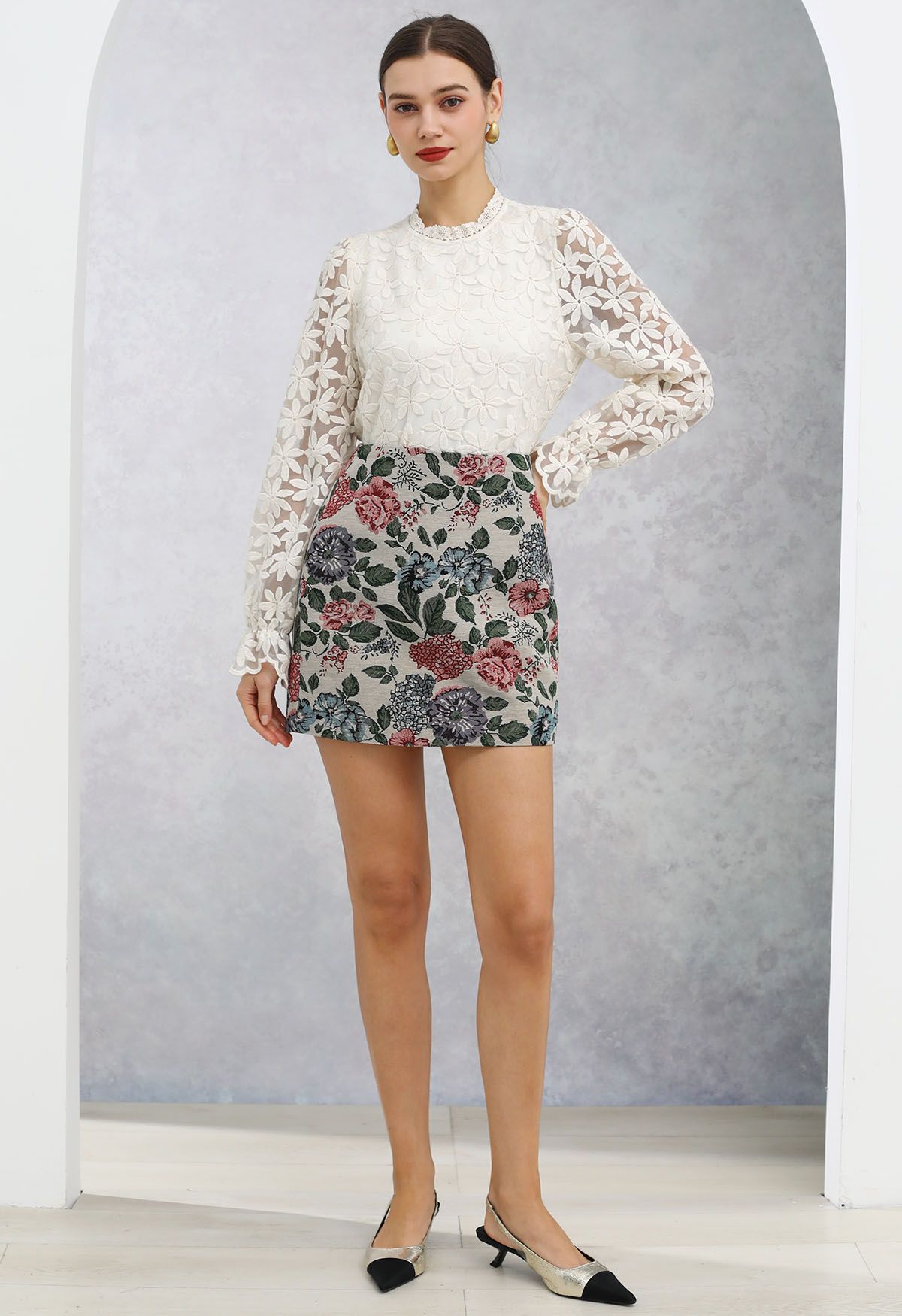 Falda mini con capullos de lona Vintage Bloom