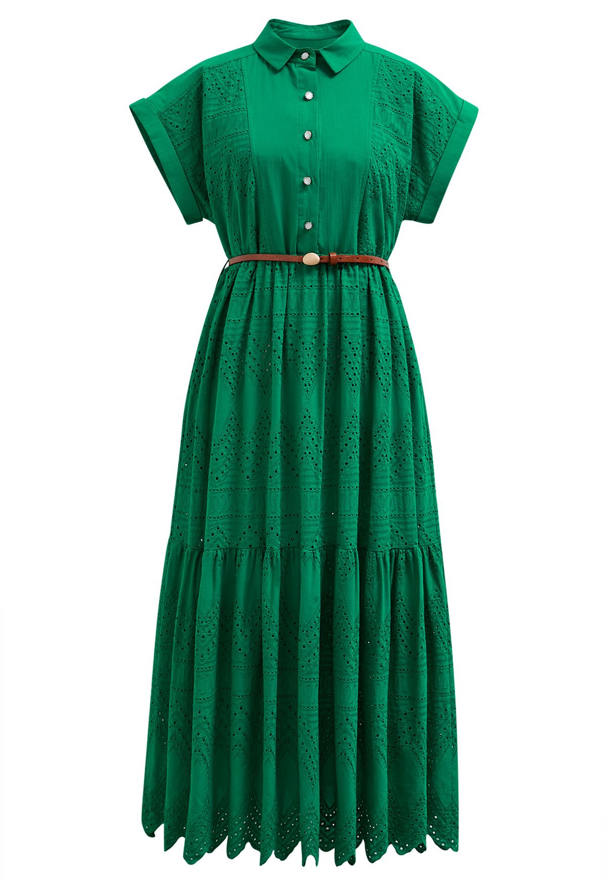 Vestido midi con cuello, botones y bordado con ojales en verde