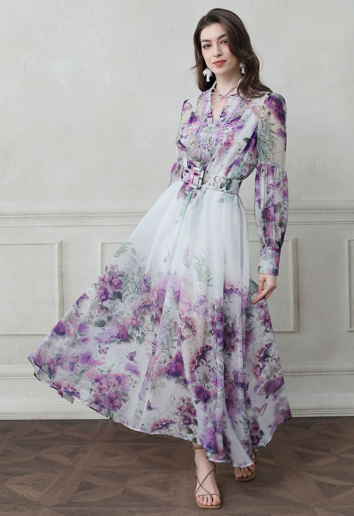 Watercolor Rose Garden Tie-Neck Belted Organza Maxi Dress in Purple