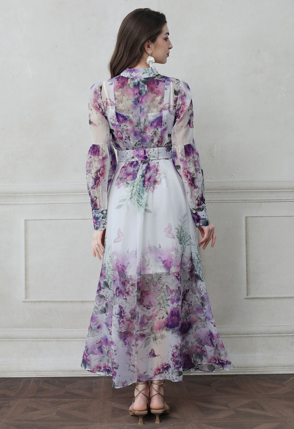 Watercolor Rose Garden Tie-Neck Belted Organza Maxi Dress in Purple