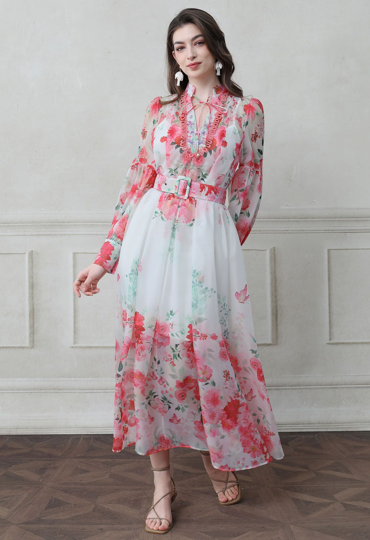 Watercolor Rose Garden Tie-Neck Belted Organza Maxi Dress in Hot Pink