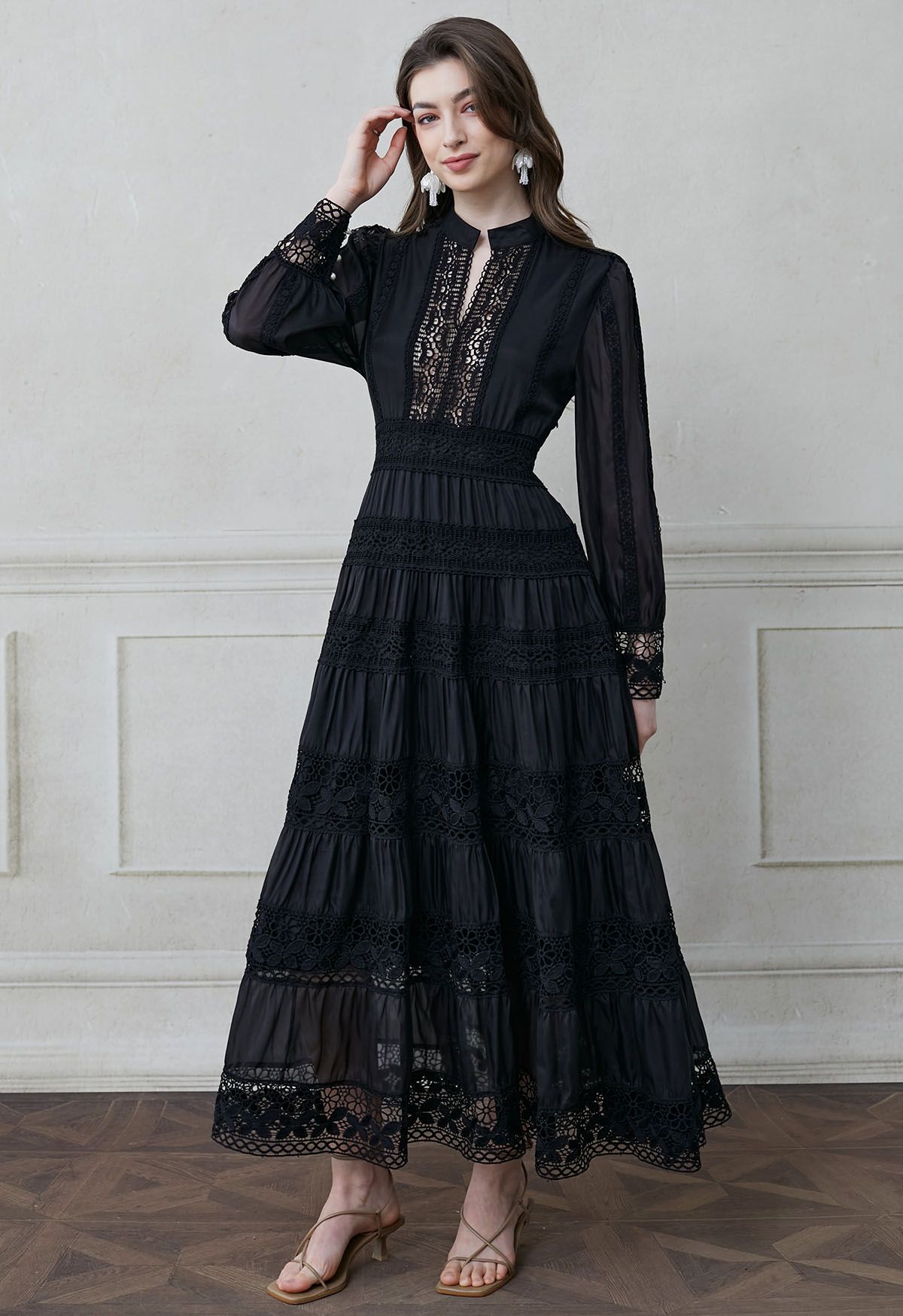 Savvy Elegance Notch Neck Floral Lace Panelled Maxi Dress in Black