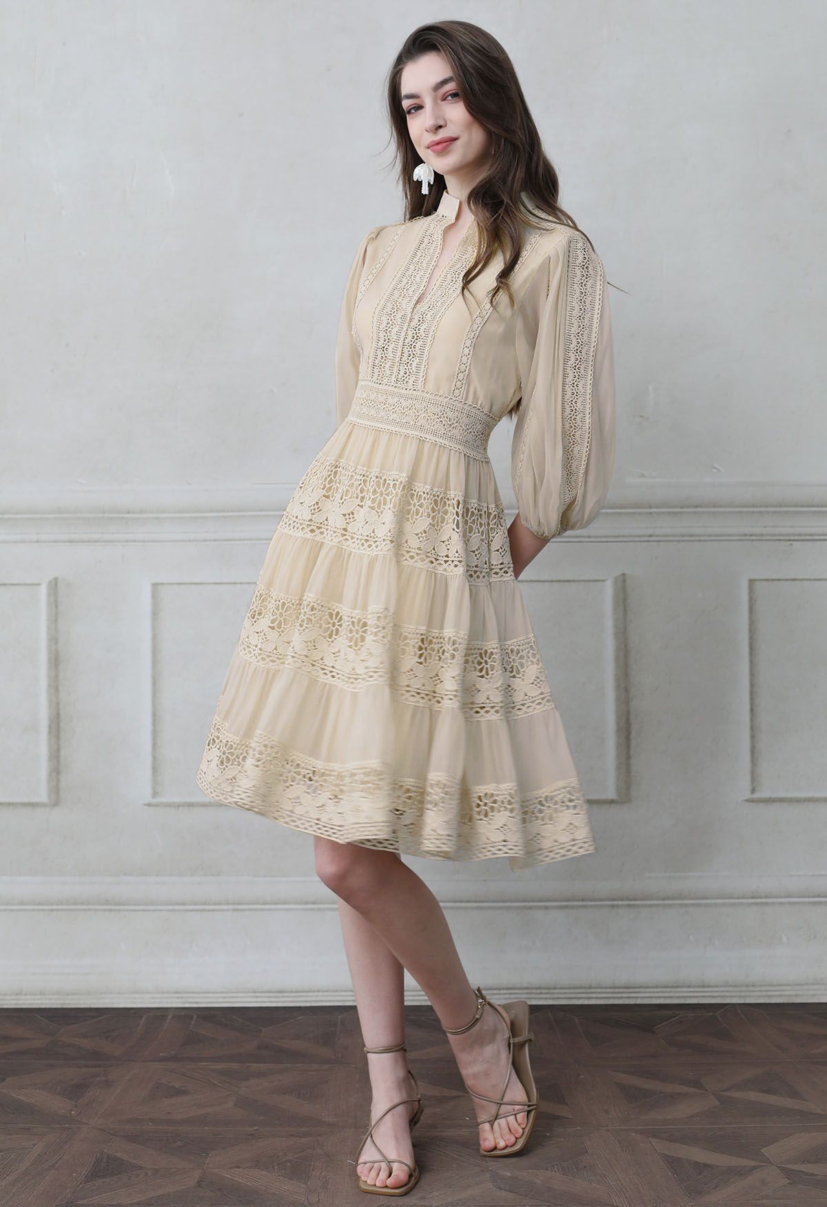 Savvy Elegance Notch Neck Floral Lace Panelled Midi Dress in Cream