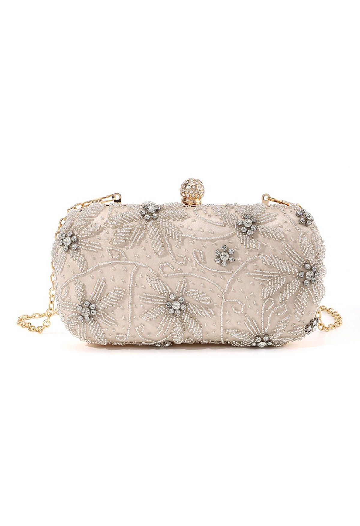 Beaded Floral Embroidered Clutch in Champagne