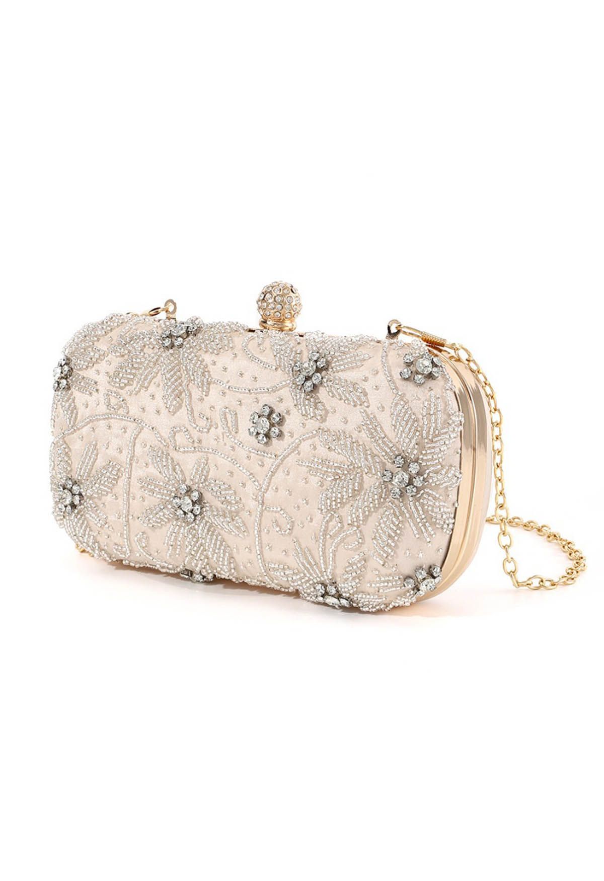 Beaded Floral Embroidered Clutch in Champagne