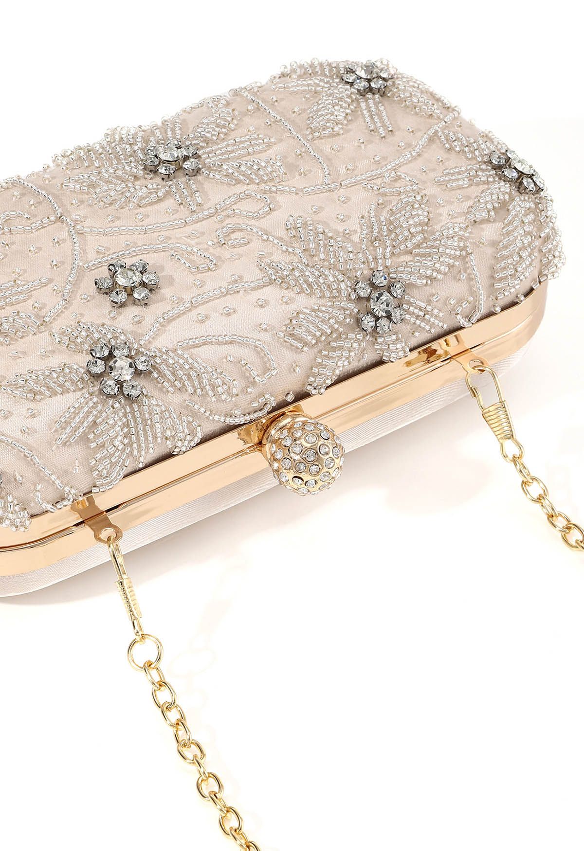 Beaded Floral Embroidered Clutch in Champagne