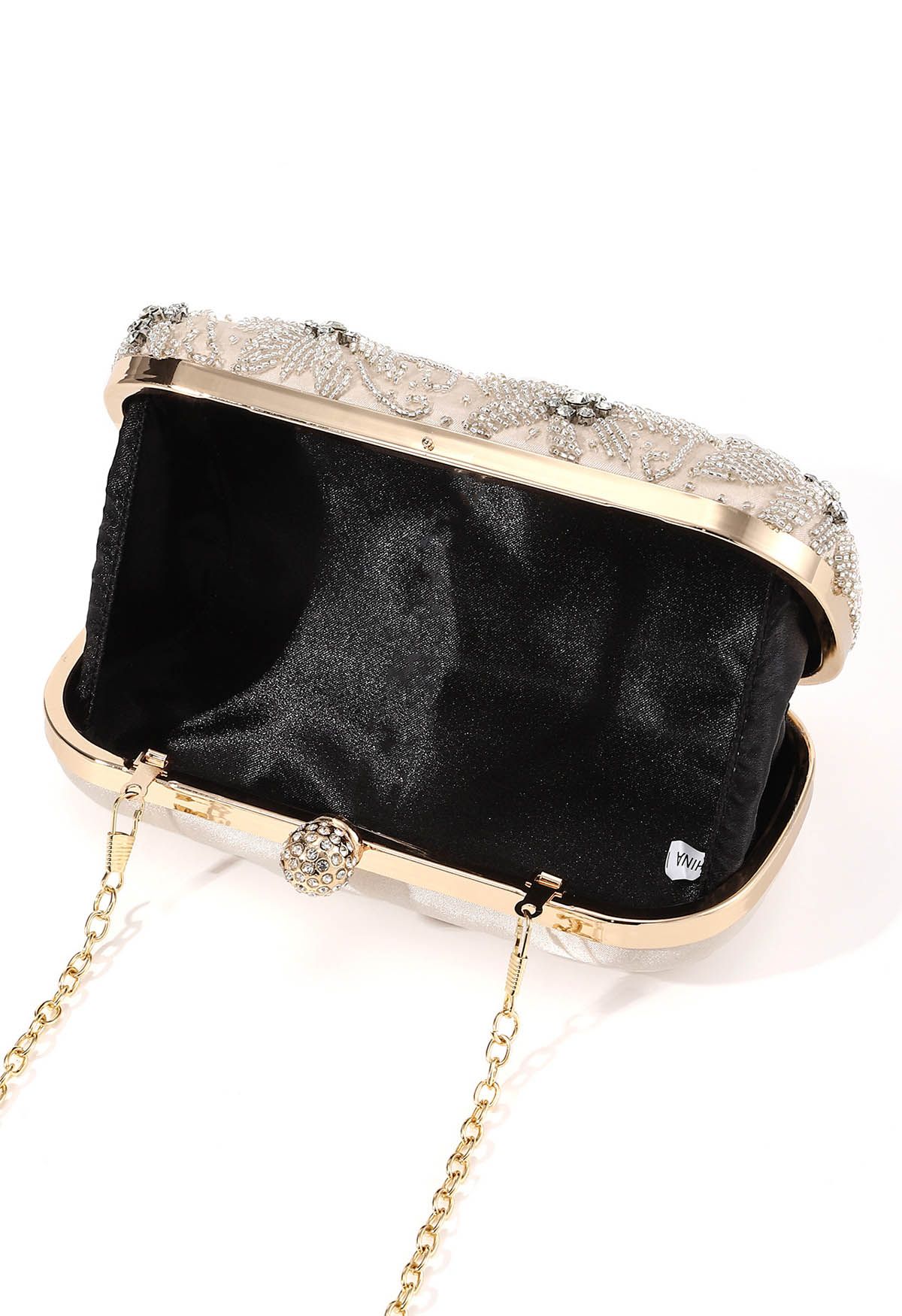 Beaded Floral Embroidered Clutch in Champagne