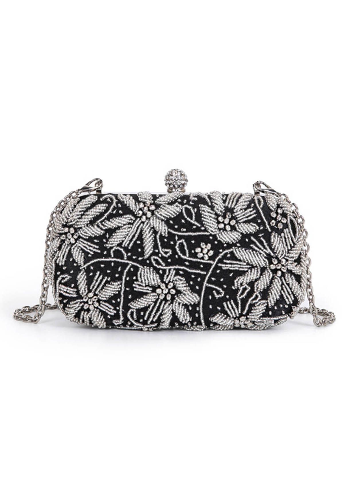 Beaded Floral Embroidered Clutch in Black