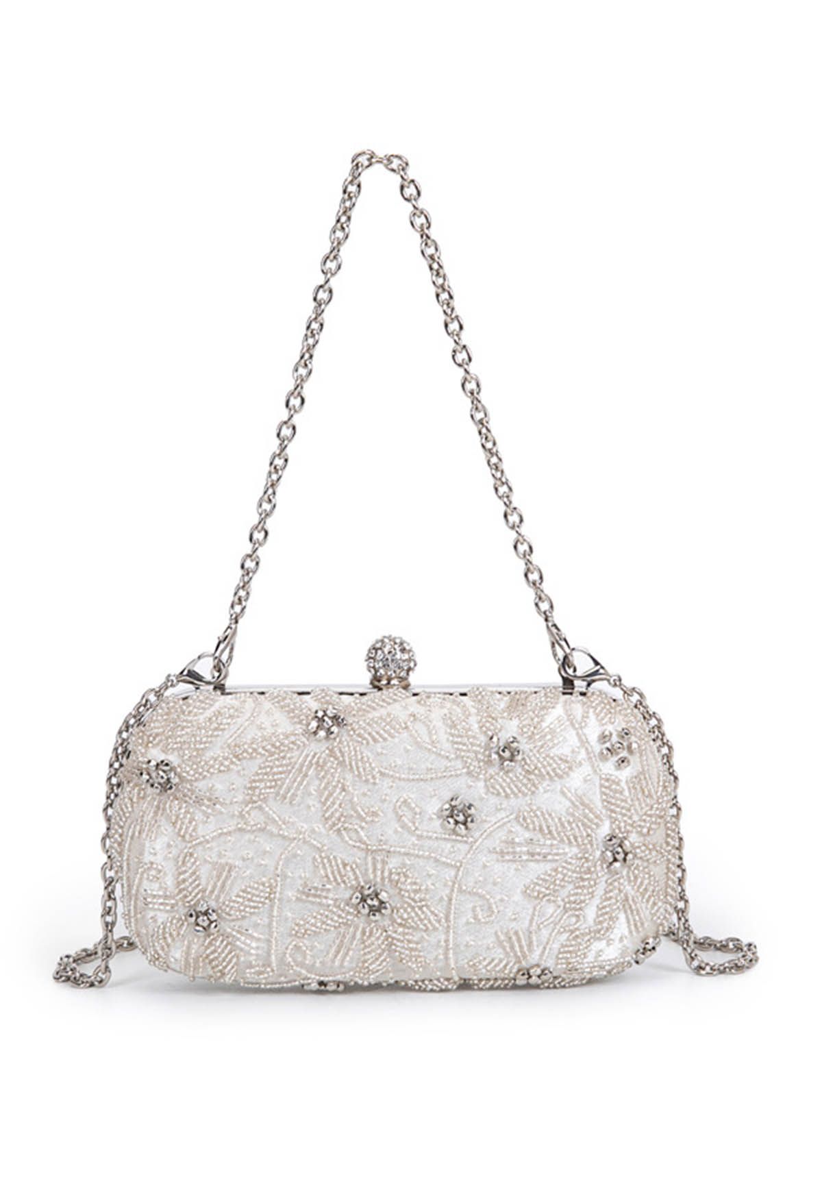 Beaded Floral Embroidered Clutch in Silver