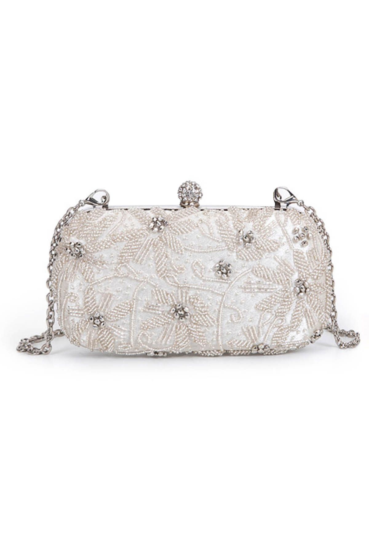 Beaded Floral Embroidered Clutch in Silver