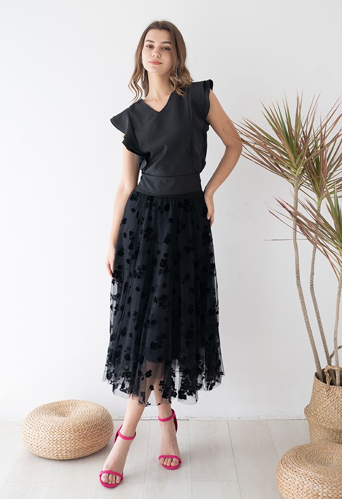 Falda midi de malla de doble capa en negro de 3D Posy