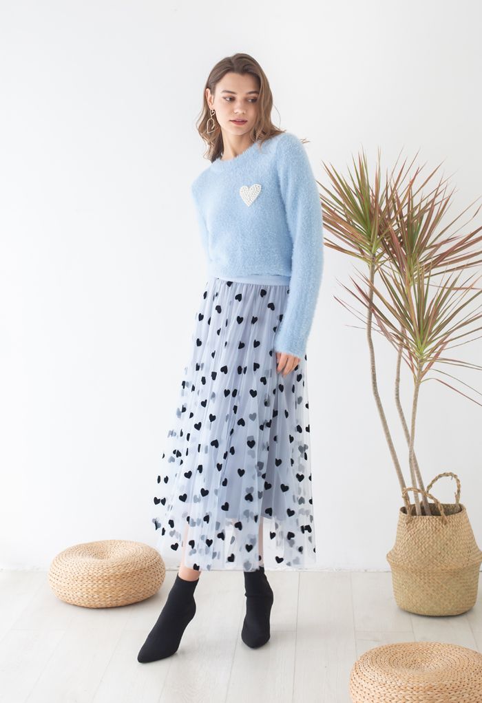 Falda larga de malla de doble capa con corazones 3D en azul