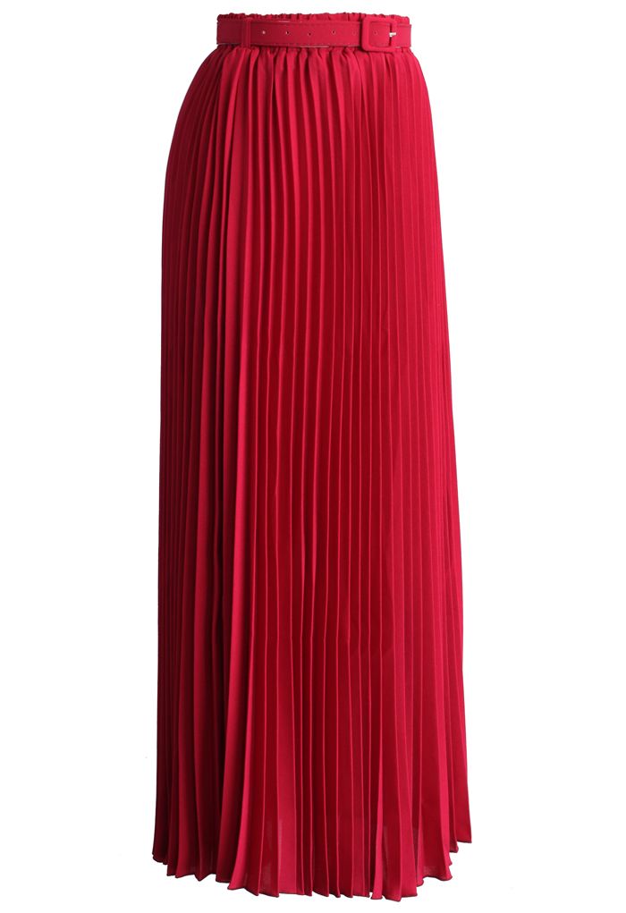 Maxi Falda de Chifón Plisada con Cinturón en Color Rubí